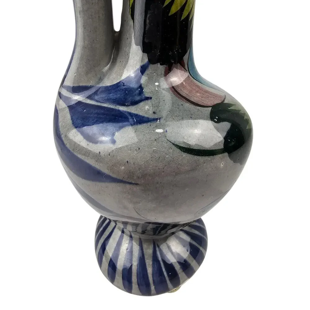 Vintage hand painted Tonala pottery vase made in‎ Mexico floral gray blue pink